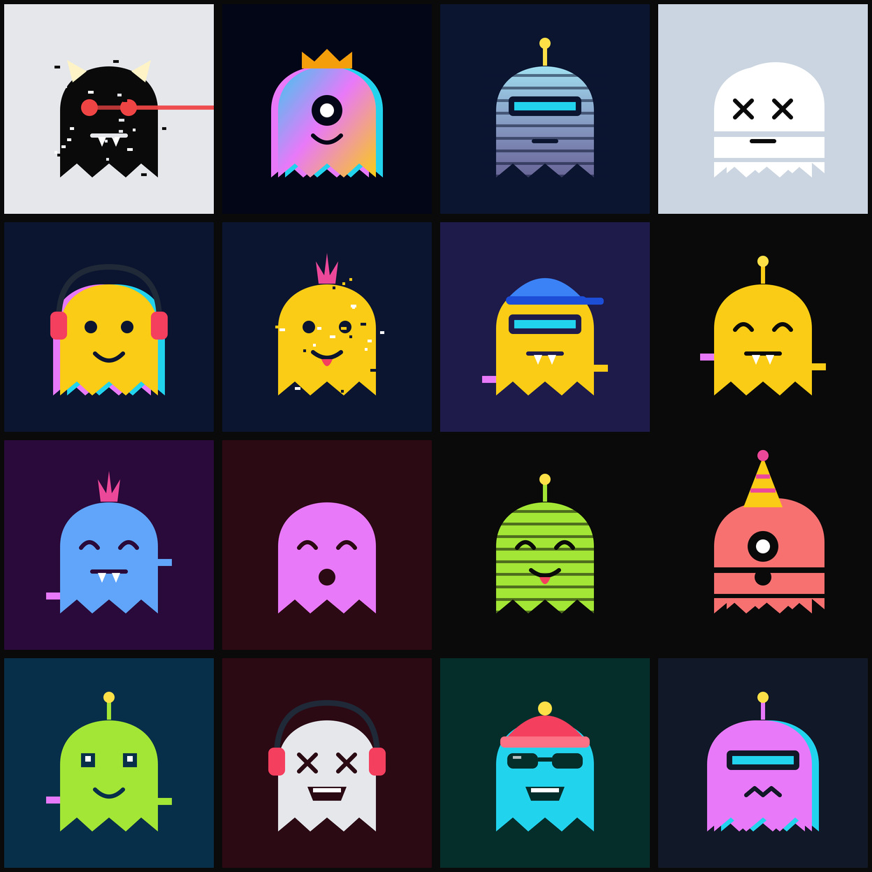 A square grid of sample Signal Ghosts in different colours, eyes and headwear