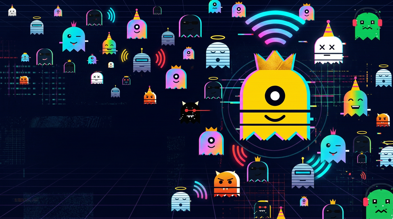 A swarm of neon Signal Ghosts around a giant gold crowned ghost on a dark grid